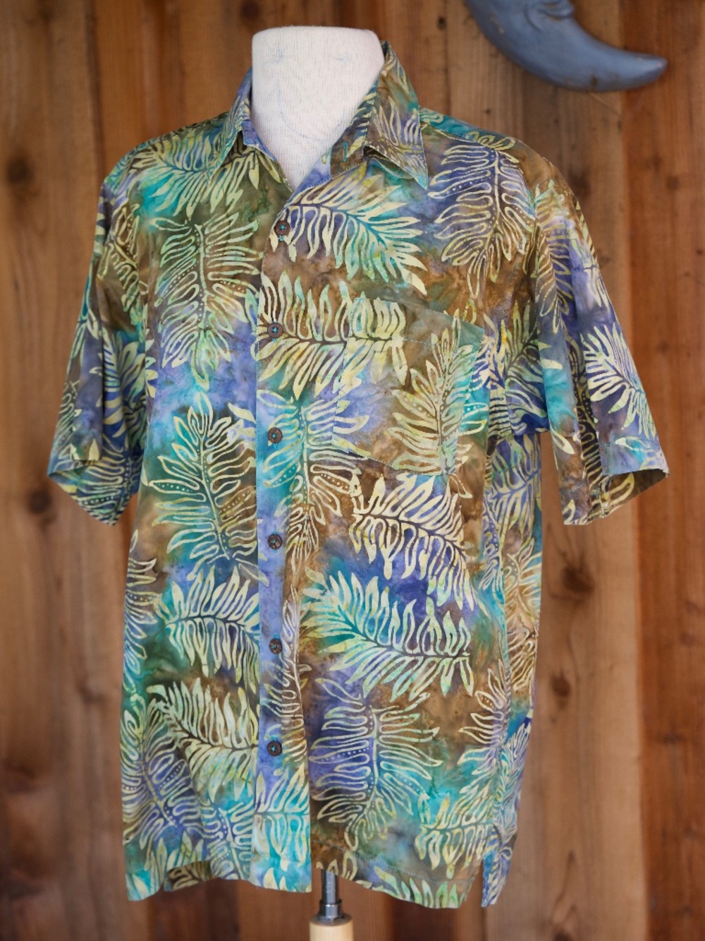 Pete Huntington Bali 100% Cotton Tie Dye Batik Leaf Print Button Down Men's M